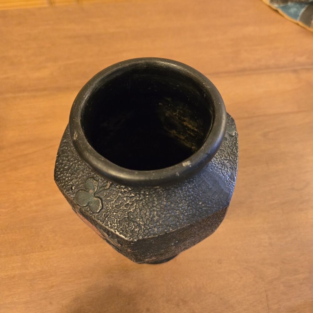 Antique Vtg Japanese Tokanabe Black Vase Hand Painted Floral Bird 1920, 10" Tall - Picture 7 of 8
